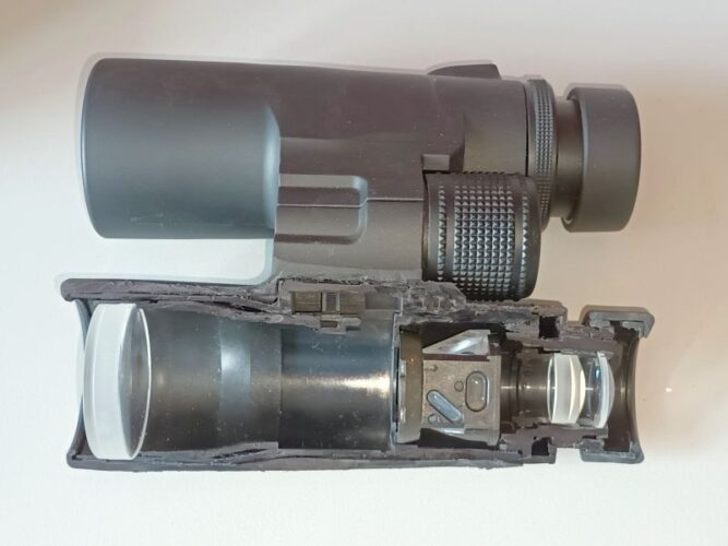 Collecting lens, prism assembly, and eyepiece of roof prism binoculars